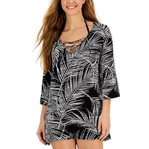 J Valdi Women's Black / White Lace-Up V-Neck Tunic Cover Up Size S